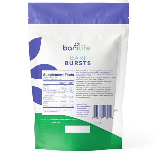 Bari Life BariBurst closeup bites highlight 500mg calcium citrate per serving