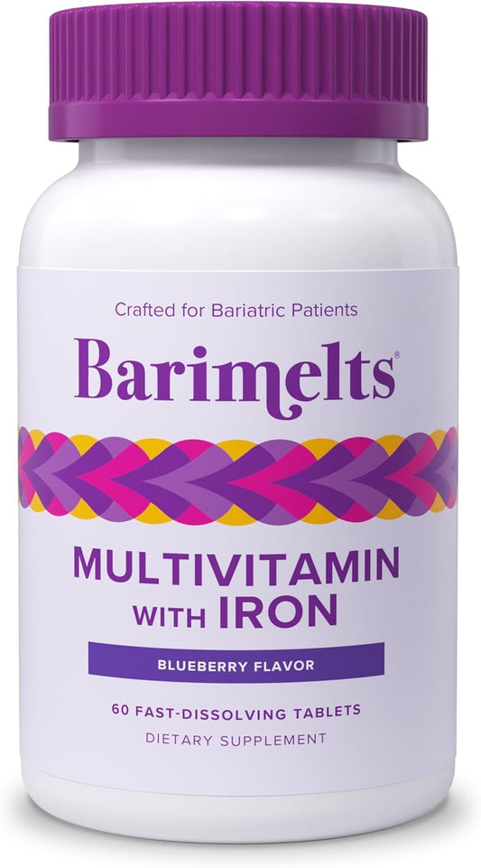 Barimelts bariatric multivitamin bottle showing fast-dissolving tablets for post-op nutrition.