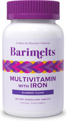 Barimelts bariatric multivitamin bottle showing fast-dissolving tablets for post-op nutrition.