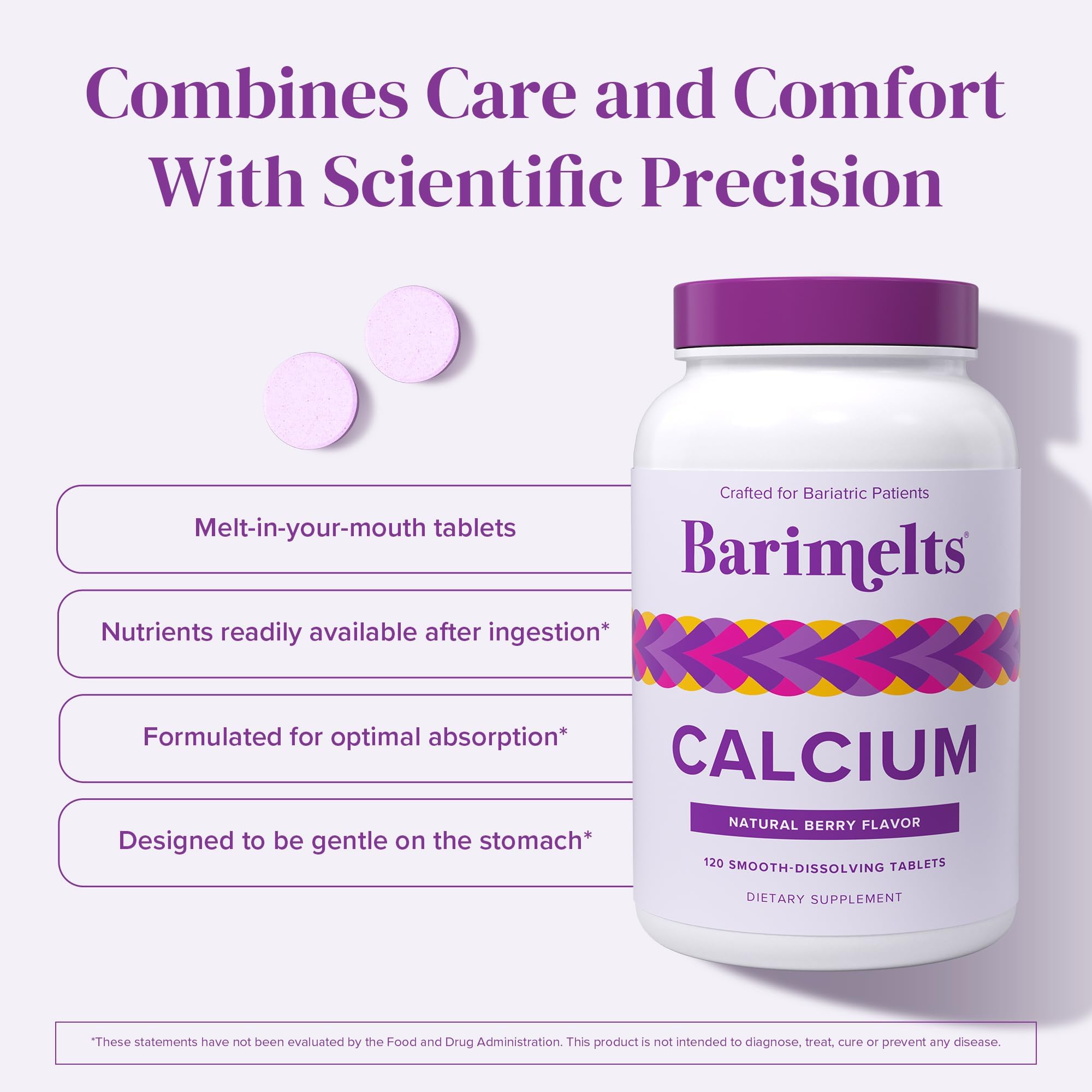 Barimelts bottle and tablets illustrate twice-daily two-tablet dosing.