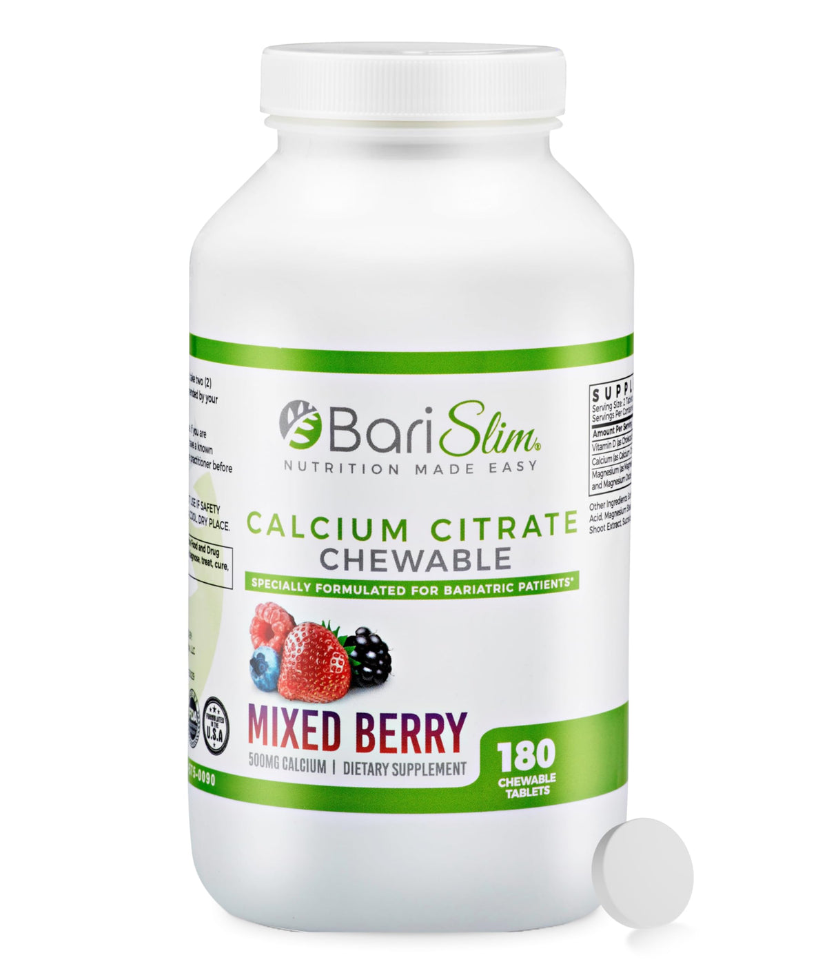 BariSlim bottle with calcium citrate tablets for post-bariatric bone support and energy.