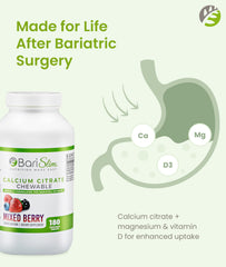 Mixed berry flavored BariSlim chewables offer gentle taste for post-op compatibility.