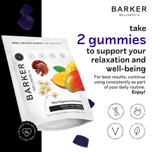 Barker Wellness Co magnesium relax gummies label closeup highlighting calming ingredients.