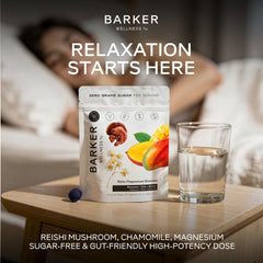 Barker Wellness Co magnesium relax gummies pour shot showing texture and mango flavor.