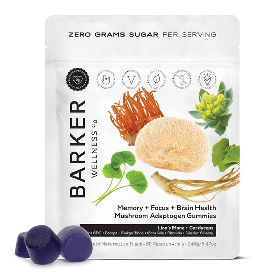Barker Wellness Mushroom Adaptogen Gummies packaging for convenient daily brain support