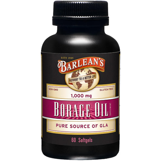 Barlean's Borage Oil softgels bottle highlights hydrating oil for skin support