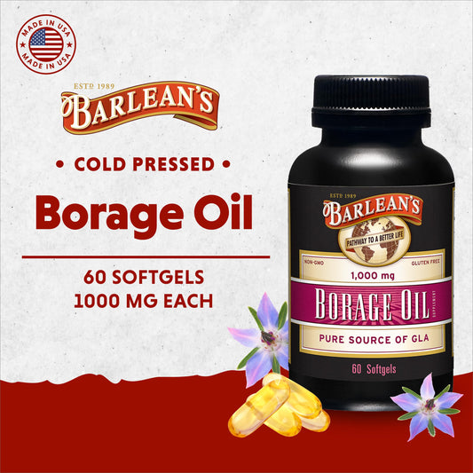 Barlean's Borage Oil capsules closeup shows easy-to-swallow softgels for daily use