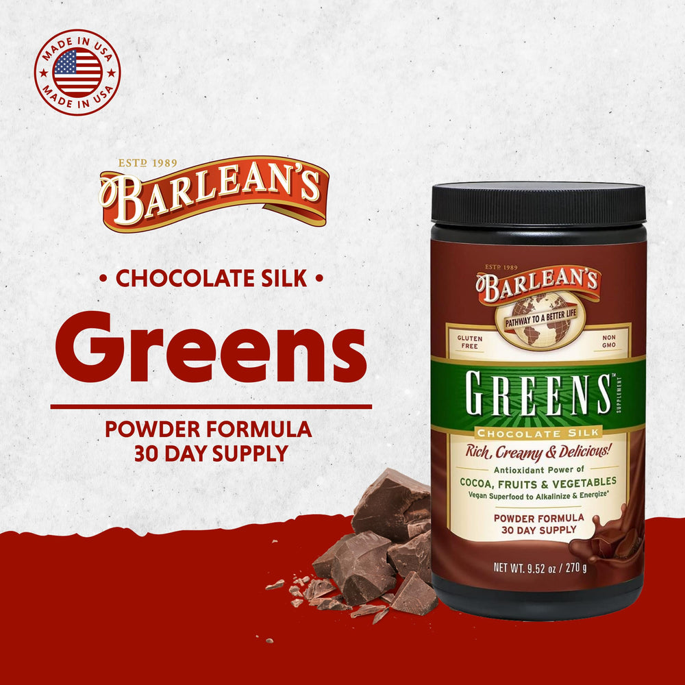 Barlean's Chocolate Greens bottle front view, showcasing natural nutrition.