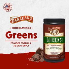 Barlean's Chocolate Greens bottle front view, showcasing natural nutrition.