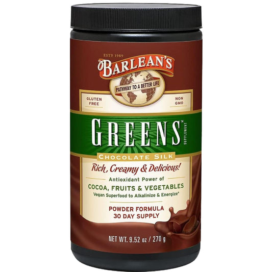 Barlean's Chocolate Greens powder scoop for a quick daily greens boost.