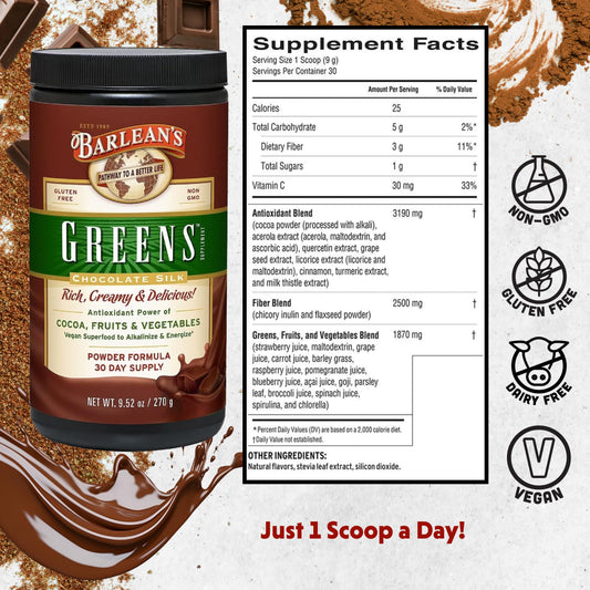 Barlean's Chocolate Greens shake glass offering a tasty, fiber-rich smoothie.