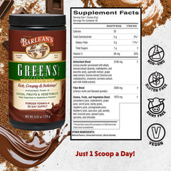 Barlean's Chocolate Greens shake glass offering a tasty, fiber-rich smoothie.