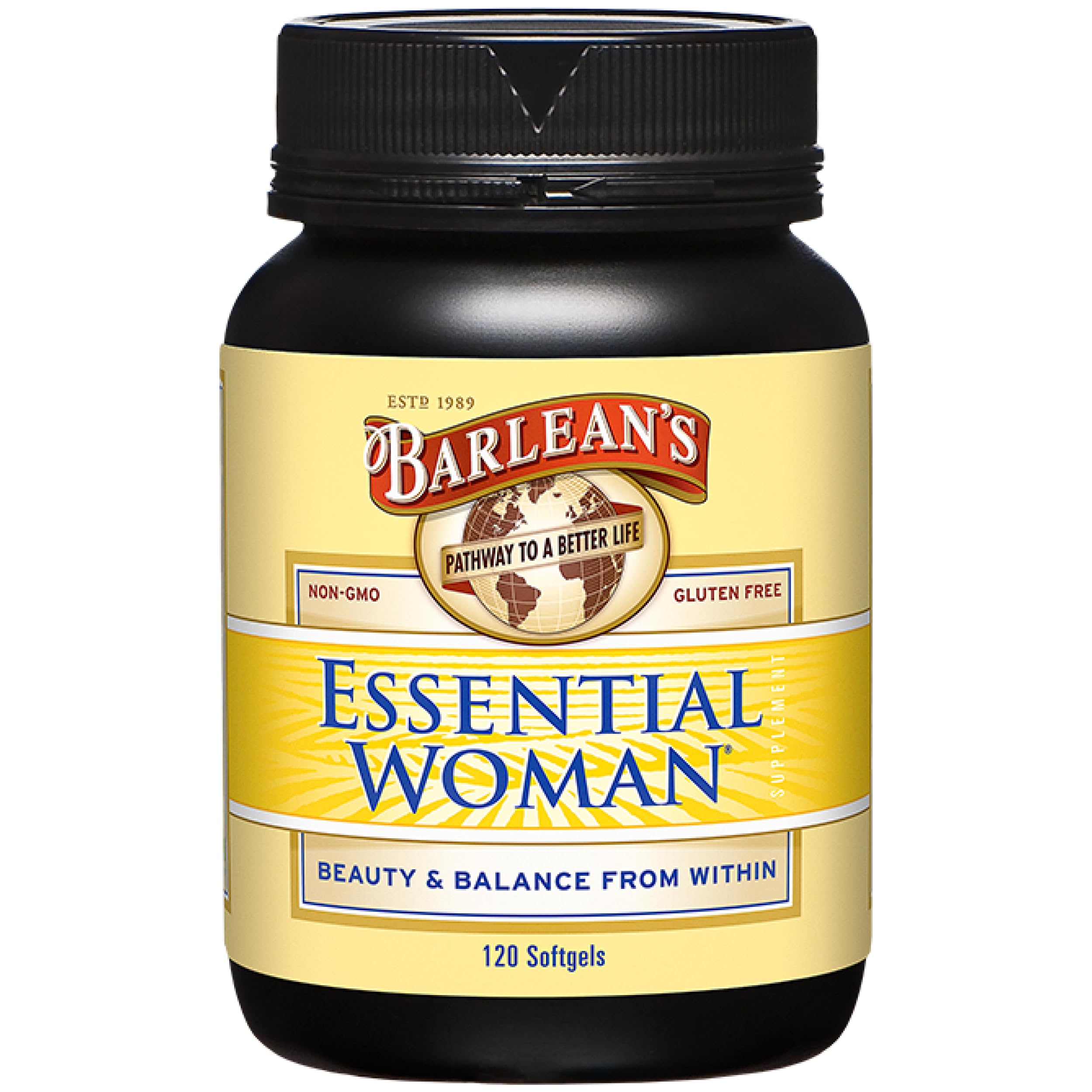 Barlean's Essential Woman bottle-front view highlighting hormone-support capsules