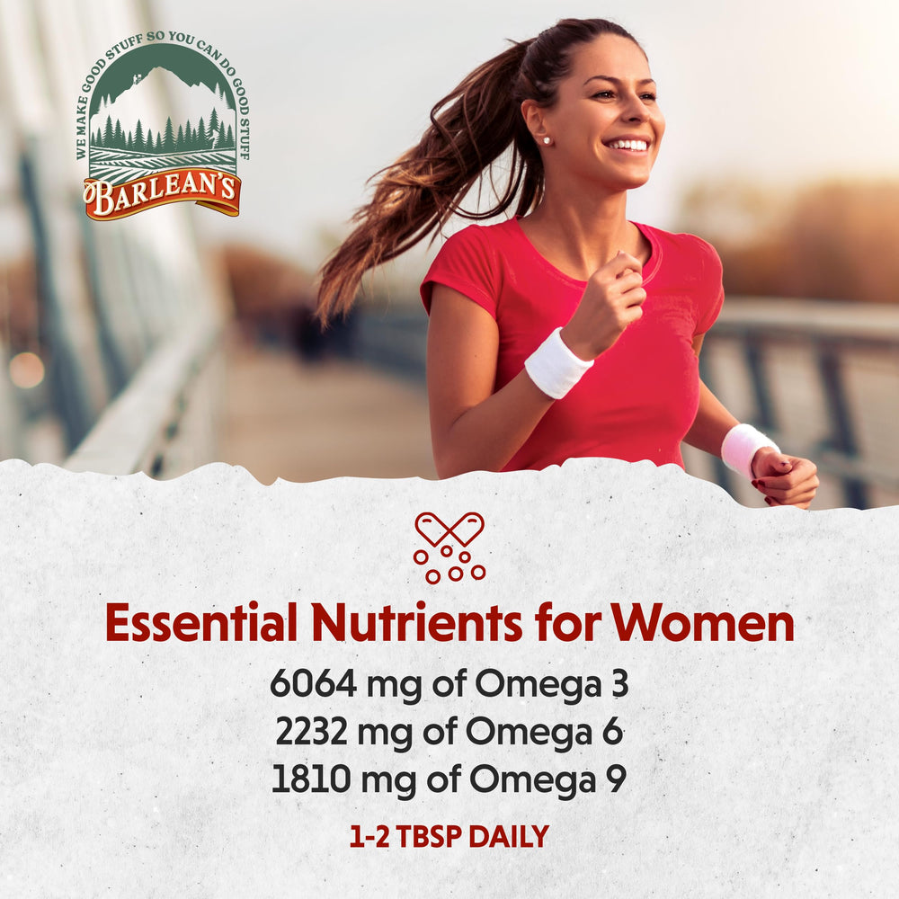Barlean's Essential Woman bottle with glass indicating skin health benefits.