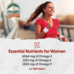 Barlean's Essential Woman bottle with glass indicating skin health benefits.