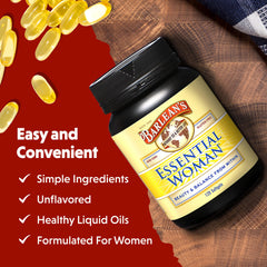 Barlean's Essential Woman cap and seal indicating freshness and quality