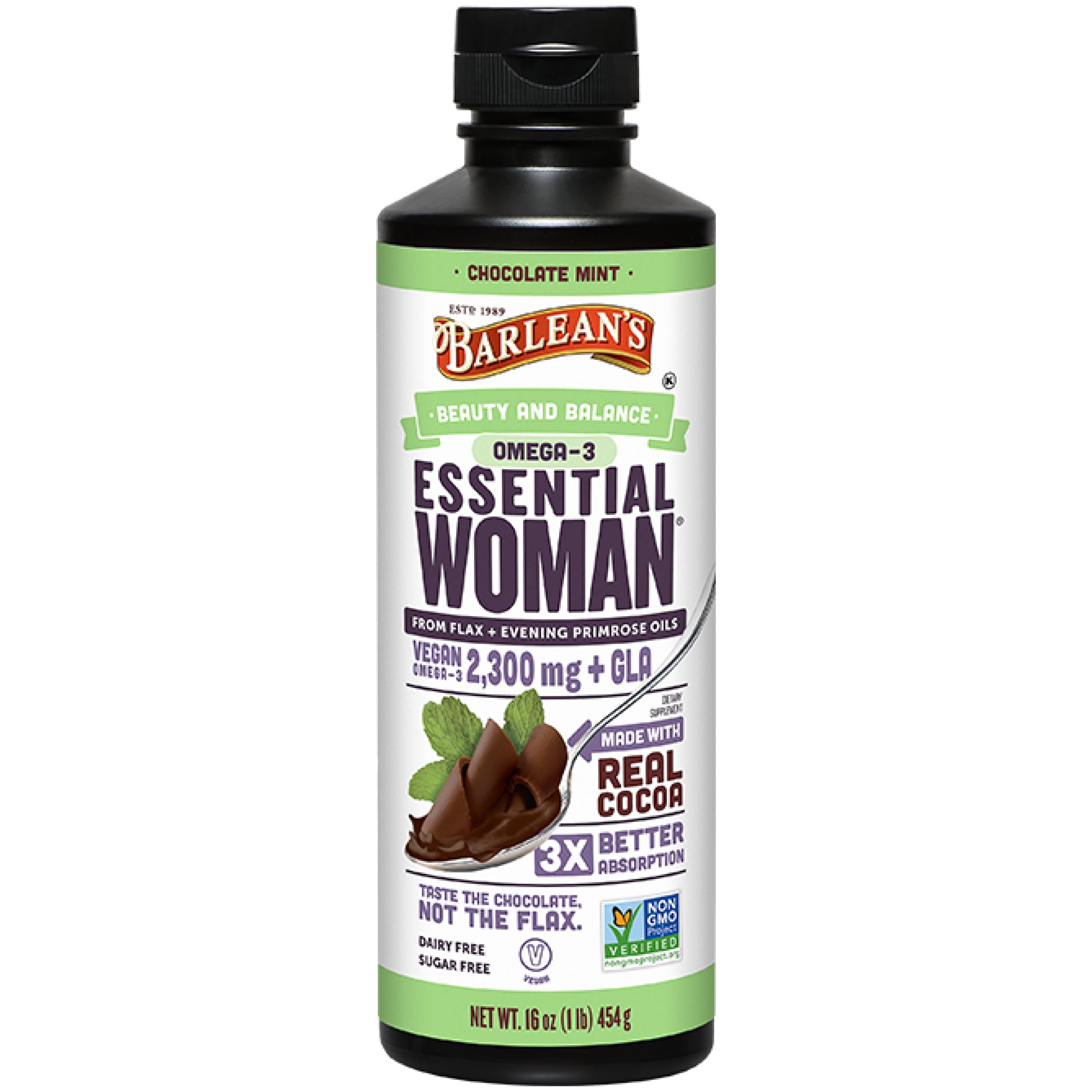Barlean's Essential Woman Chocolate Mint bottle highlights vegan formula for hormonal balance support.