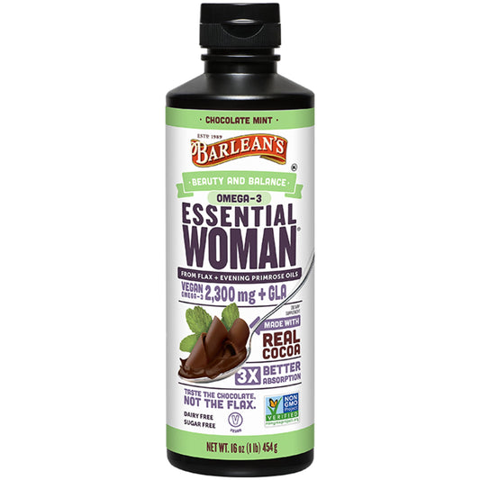 Barlean's Essential Woman Chocolate Mint bottle highlights vegan formula for hormonal balance support.
