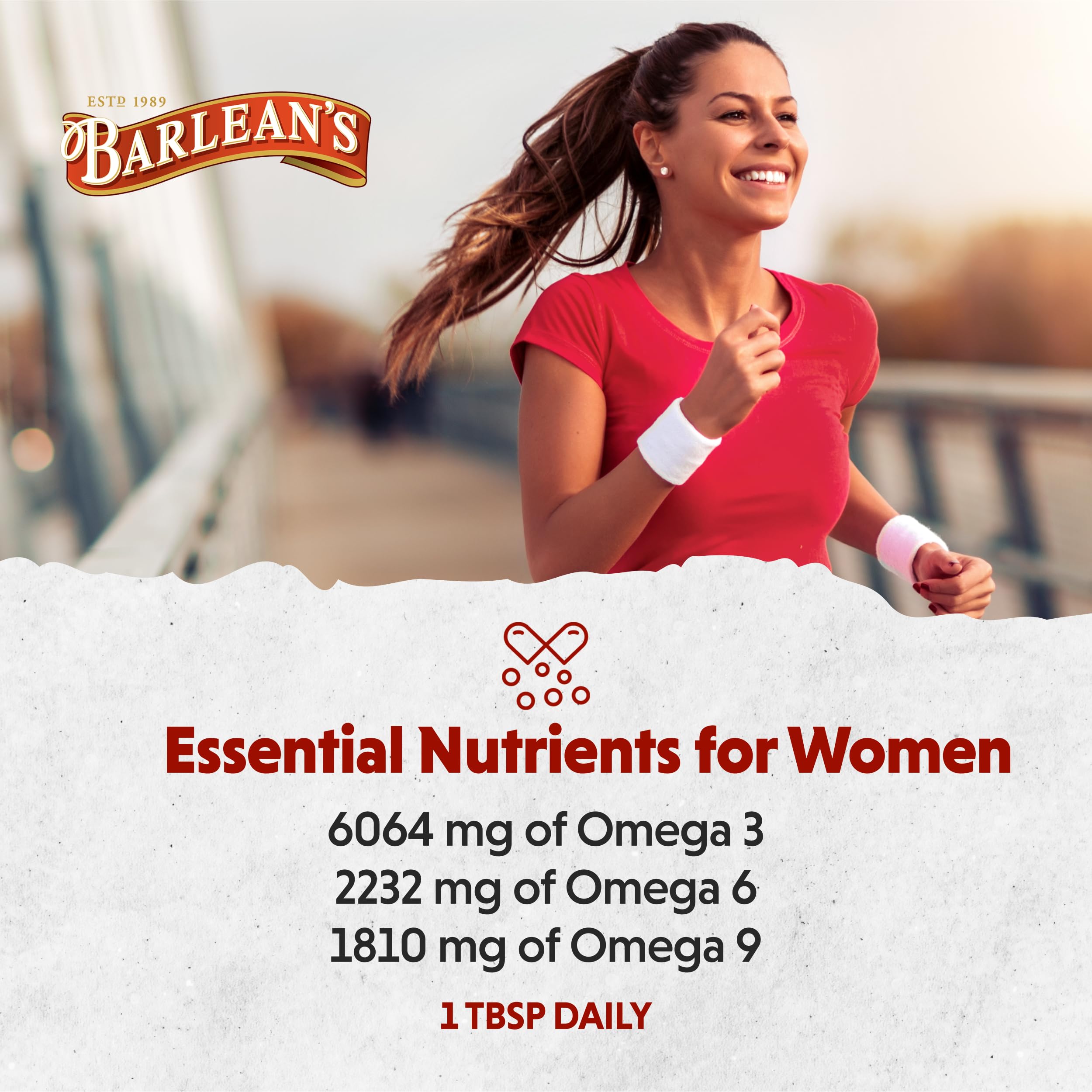 Barlean's Essential Woman label shows premium chocolate mint flavor notes.