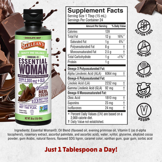 Barlean's Essential Woman pour shows smooth, palatable intake for daily wellness rituals.
