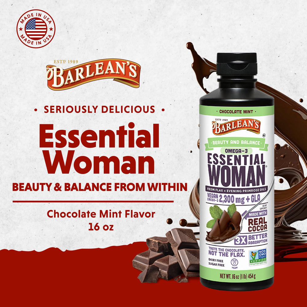 Barlean's Essential Woman chocolate mint serving beside a glass for easy daily use.