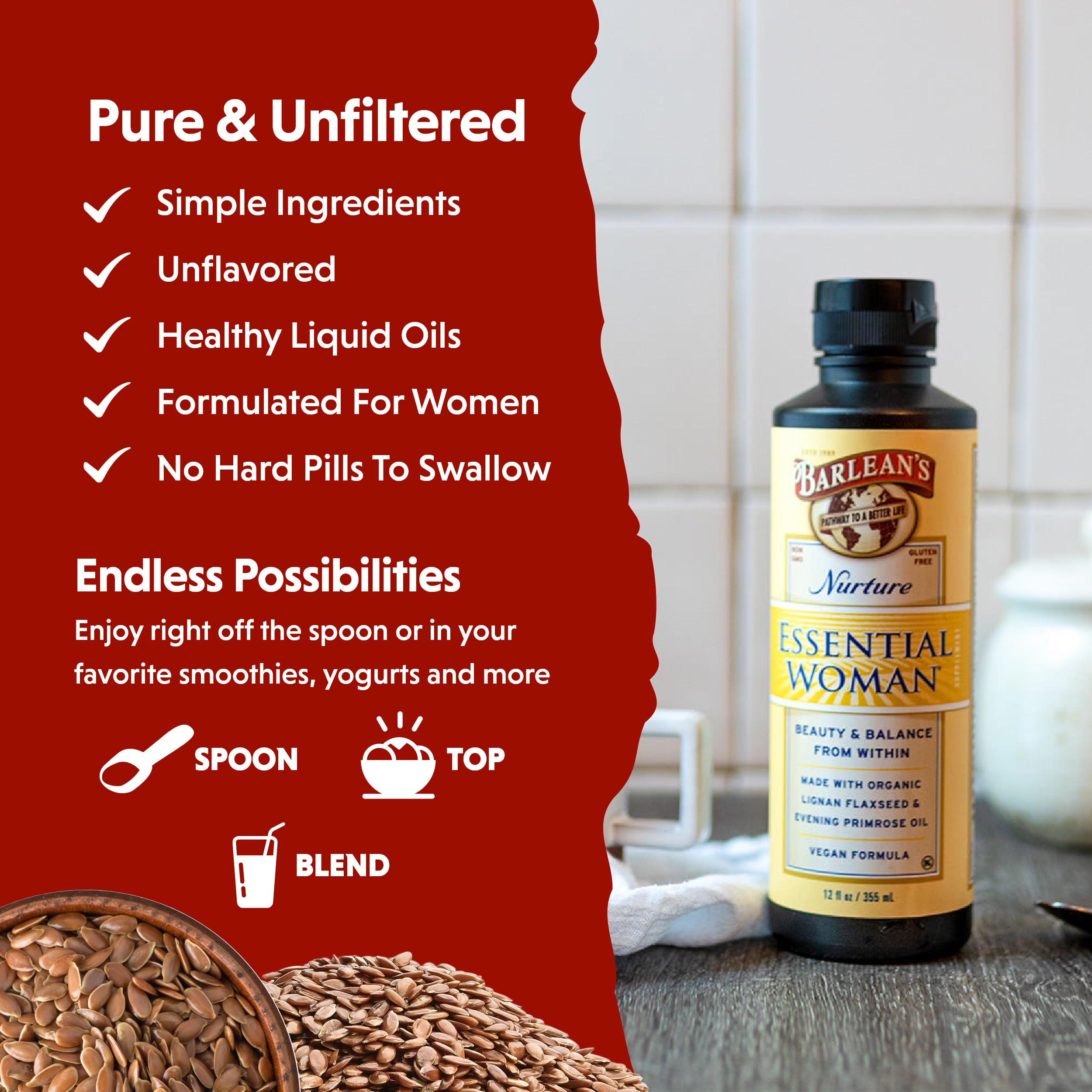 Spoonful of Barlean's Essential Woman showcasing simple daily intake.
