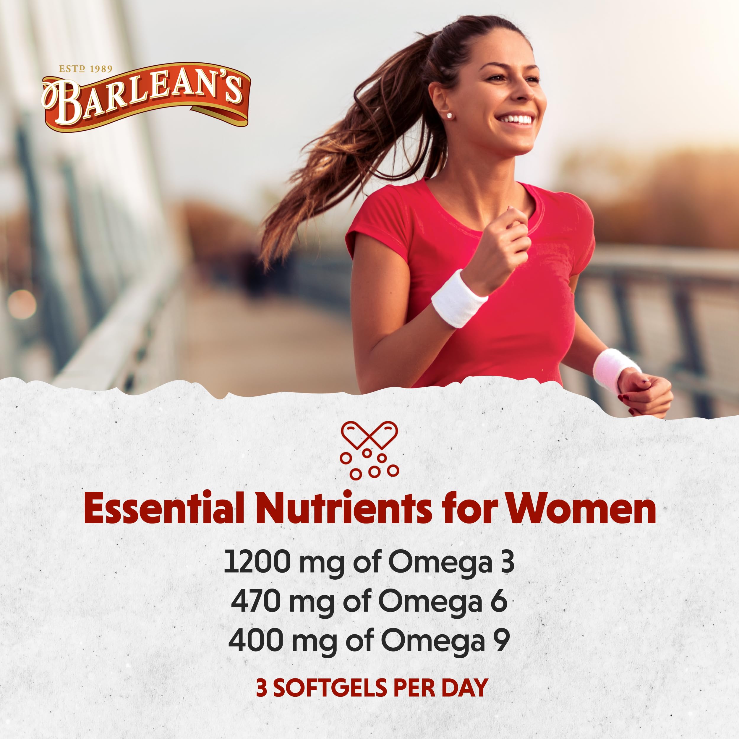 Barlean's Essential Woman ingredients close-up highlighting flax oil and GLA