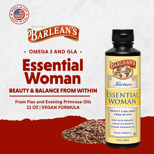 Close-up of Barlean's Essential Woman label highlighting omega fats.