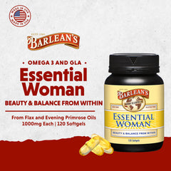 Barlean's Essential Woman oil blend pour illustrating evening primrose and flax oils