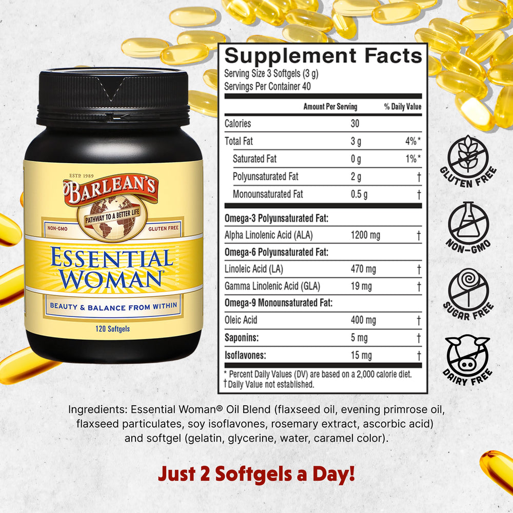Barlean's Essential Woman softgels close-up showing omega fatty acids for skin health