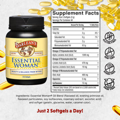 Barlean's Essential Woman softgels close-up showing omega fatty acids for skin health