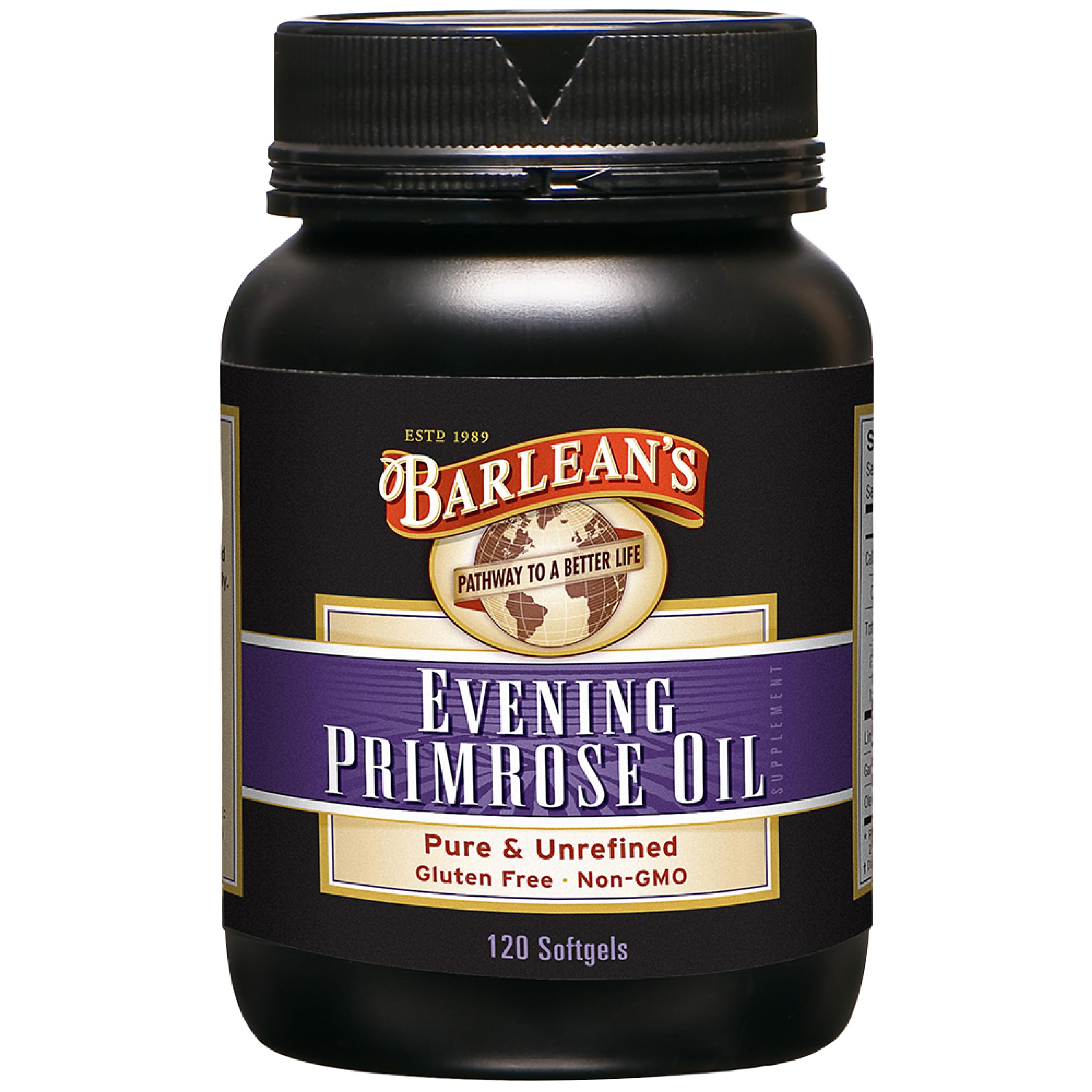 Barlean's Evening Primrose Oil bottle label may support healthy skin.