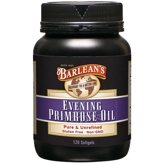 Barlean's Evening Primrose Oil bottle label may support healthy skin.