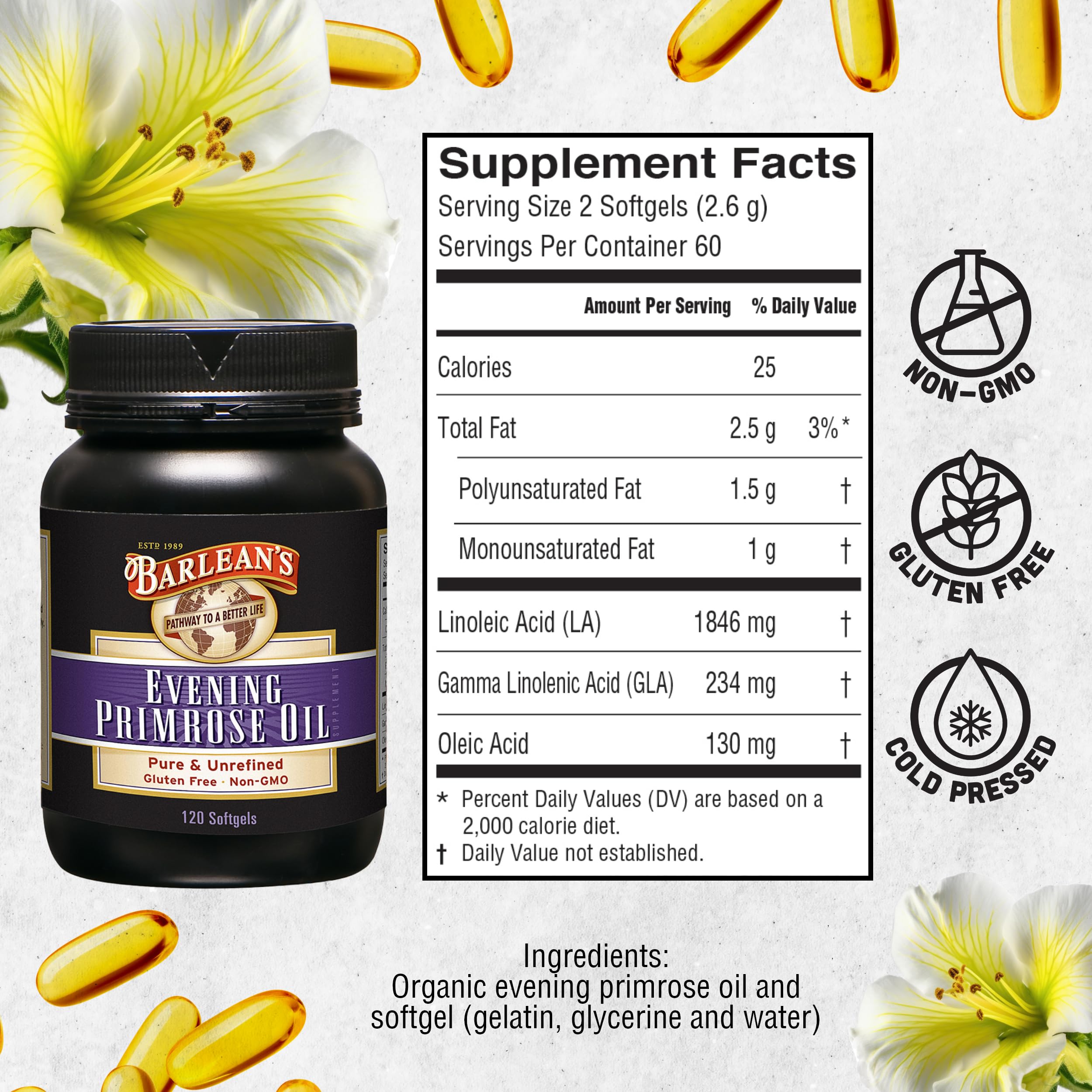 Made in the USA stamp on Barlean's Evening Primrose Oil packaging.