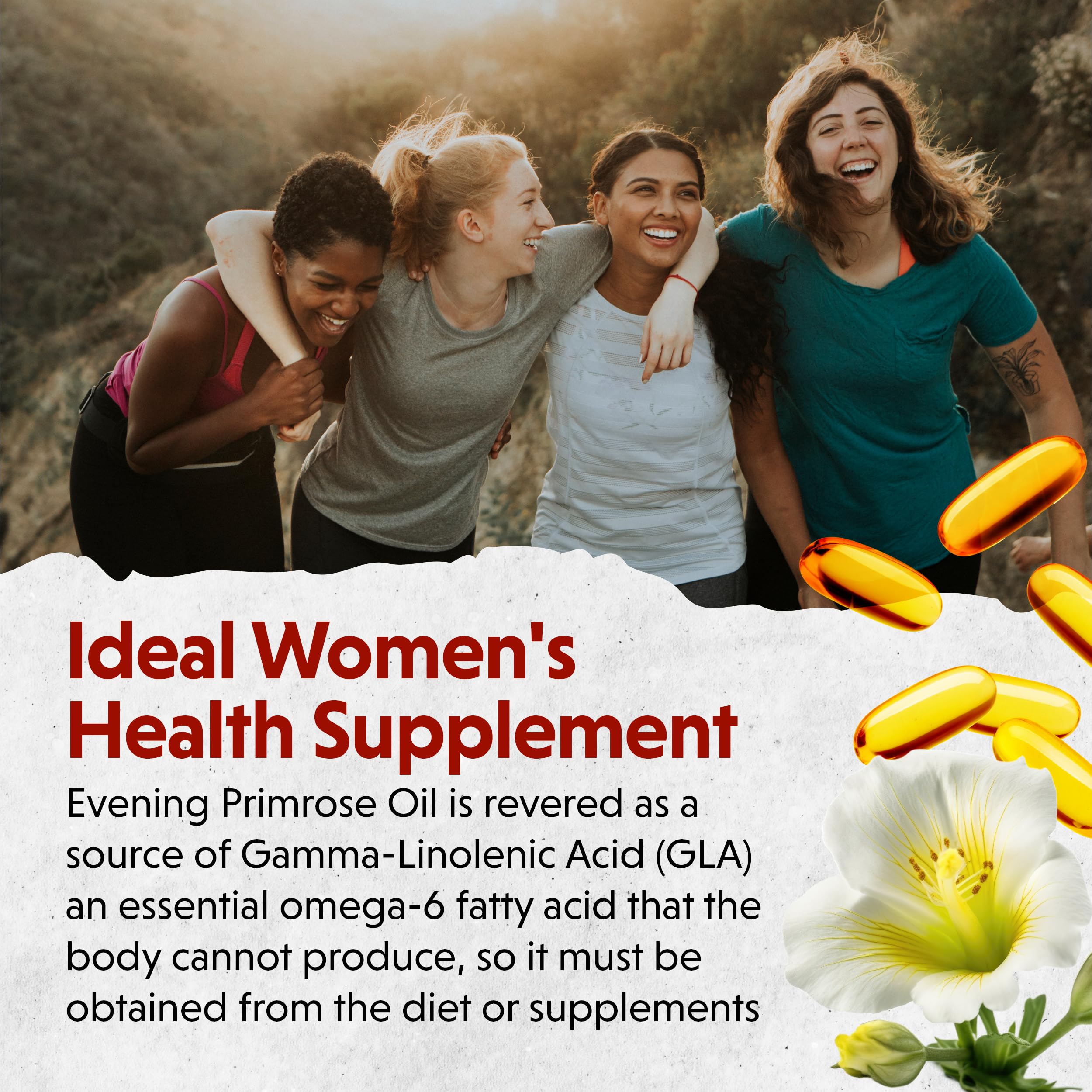 Two softgels serving—simple daily routine for Barlean's Evening Primrose Oil.