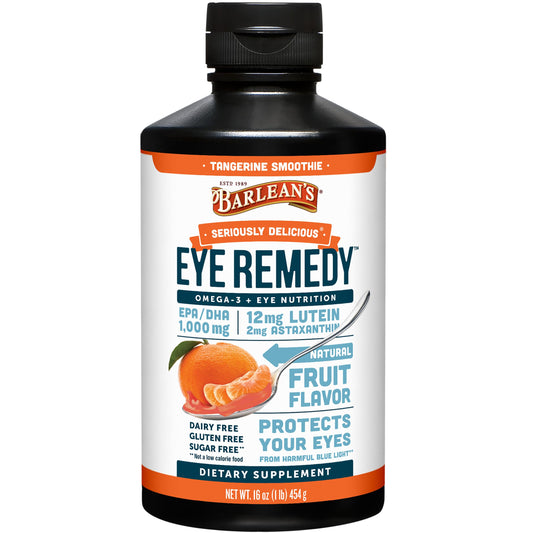 Barlean's Eye Remedy bottle with tangerine flavor for daily eye support