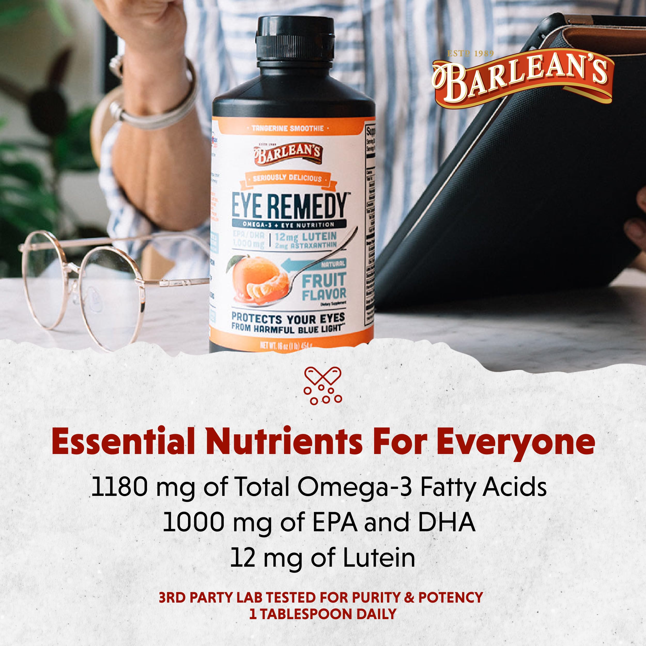 Barlean's Eye Remedy measuring spoon beside bottle for a simple dose