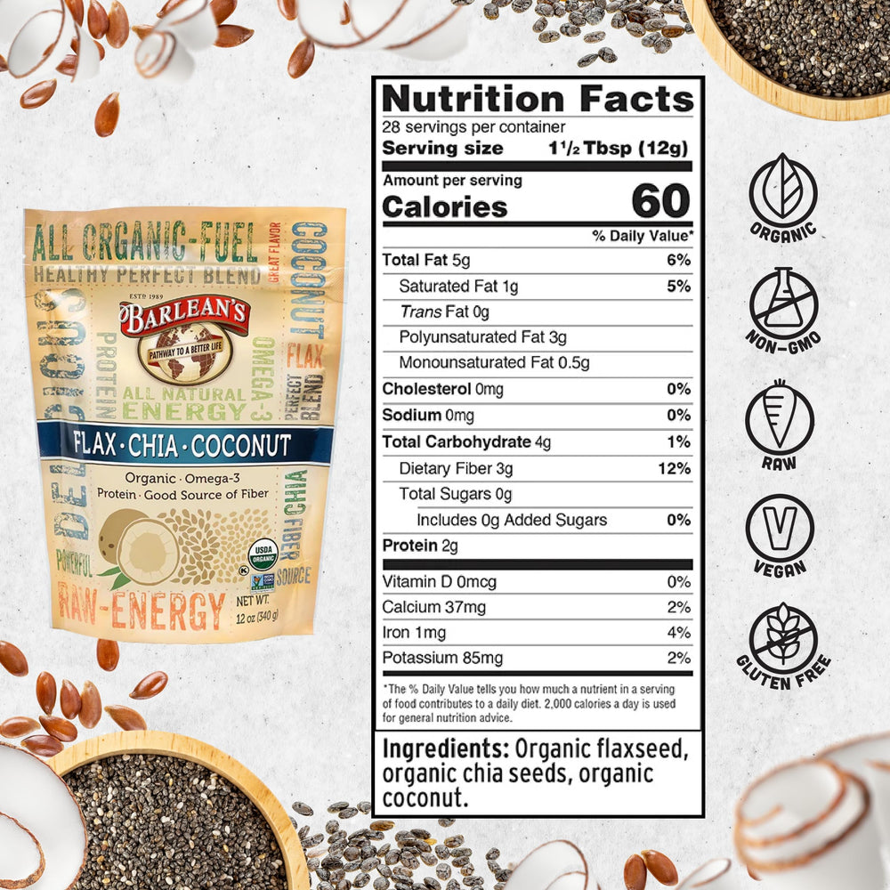 Barlean's flax chia coconut seed mix in smoothie demonstrates convenient nutrition on the go.