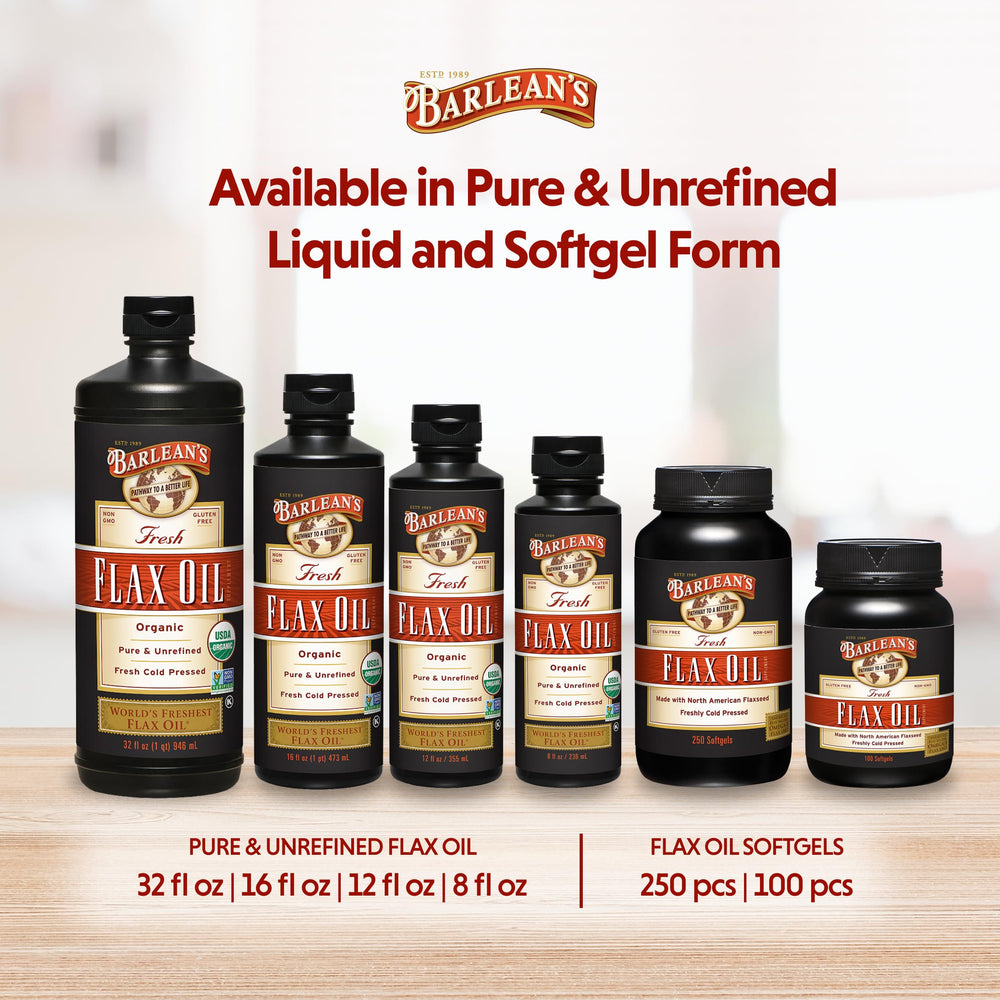 Barlean's 32 oz bottle emphasizing convenient family-size packaging.