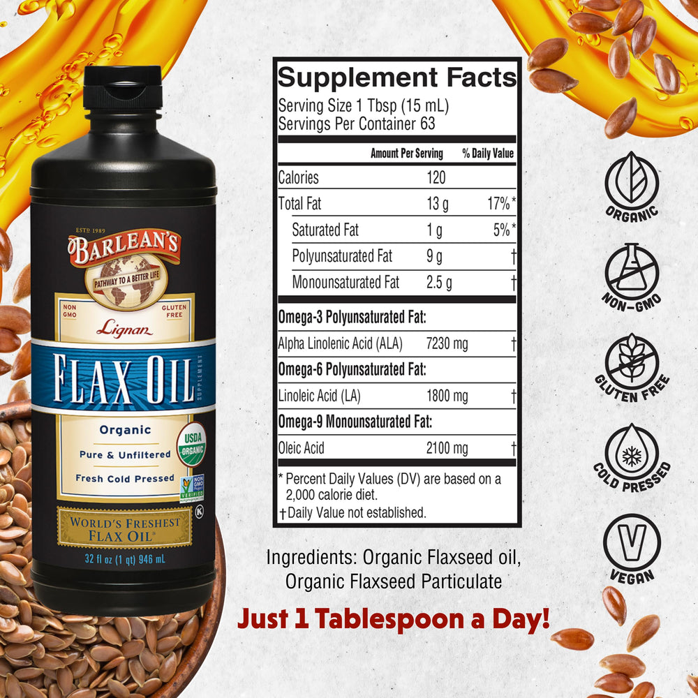 Barlean's flaxseed oil amber bottle protects freshness during storage.