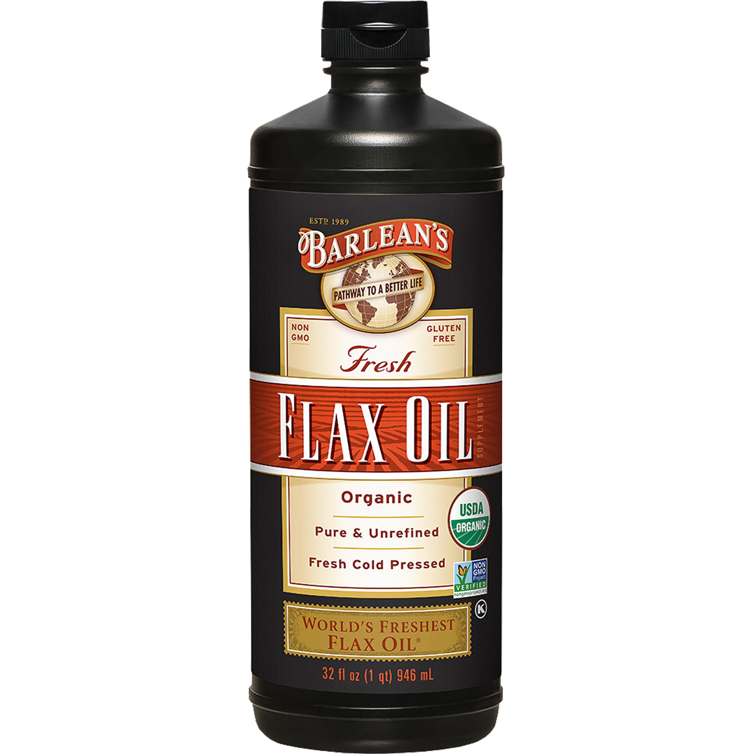 Barlean's flaxseed oil bottle showing organic branding and nutty notes.