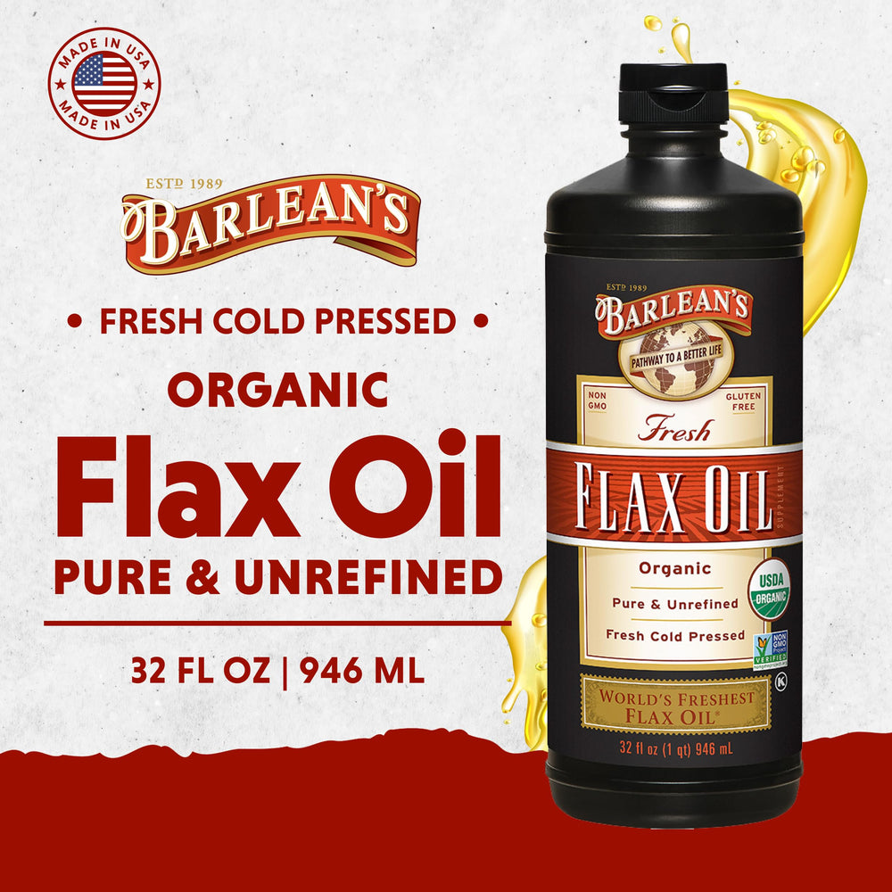 Close-up of Barlean's flaxseed oil highlighting purity and unrefined quality.