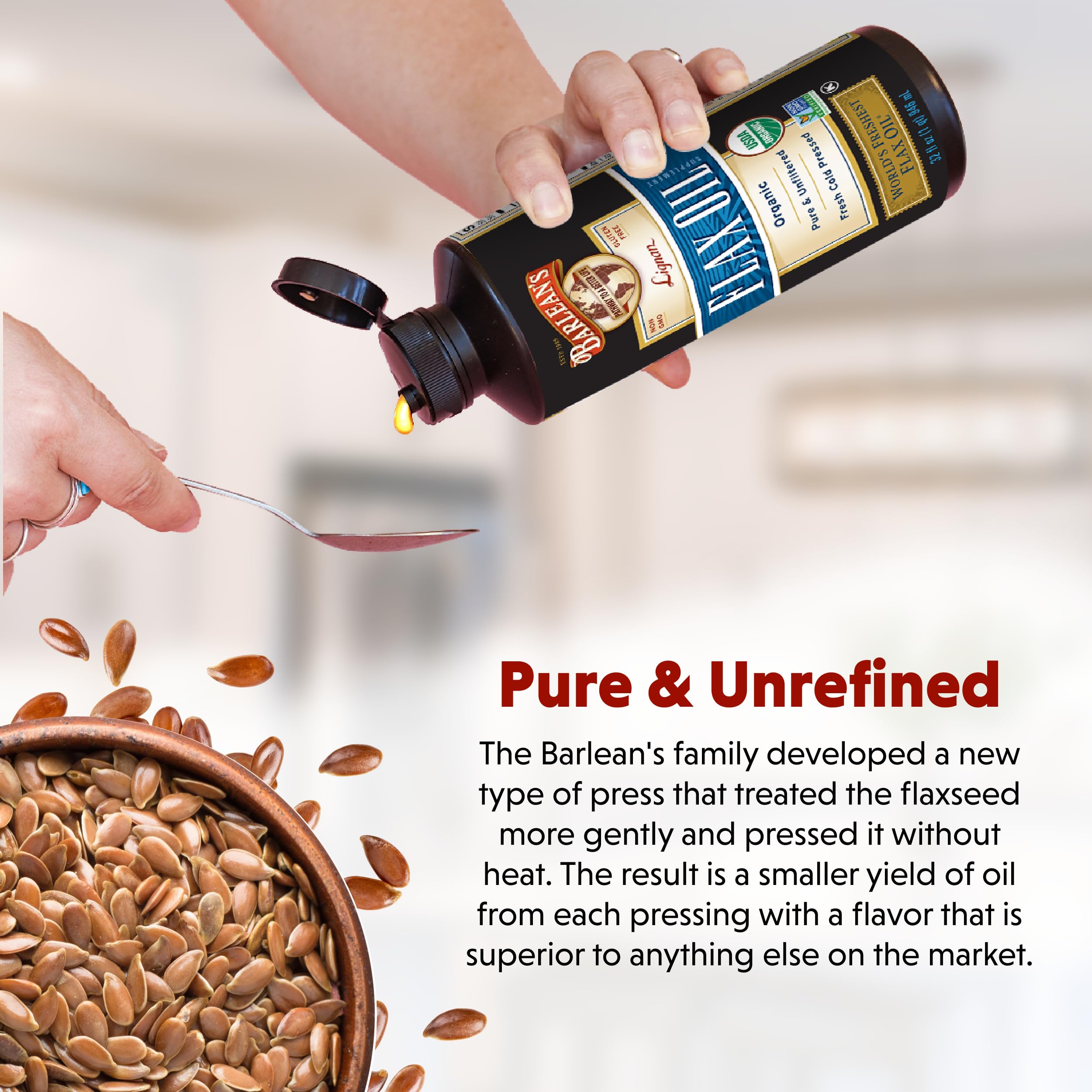Barlean's flaxseed oil blends into yogurt or dressing for omega-3 boost.