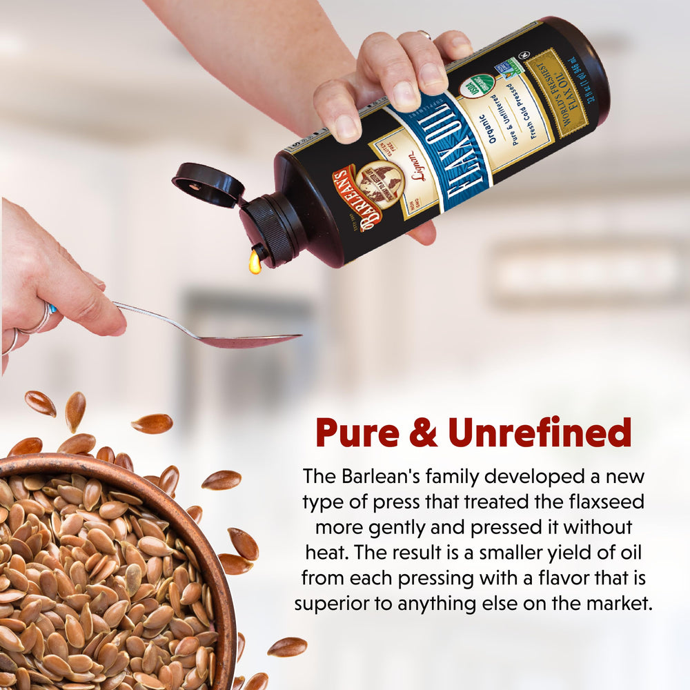 Barlean's flaxseed oil blends into yogurt or dressing for omega-3 boost.