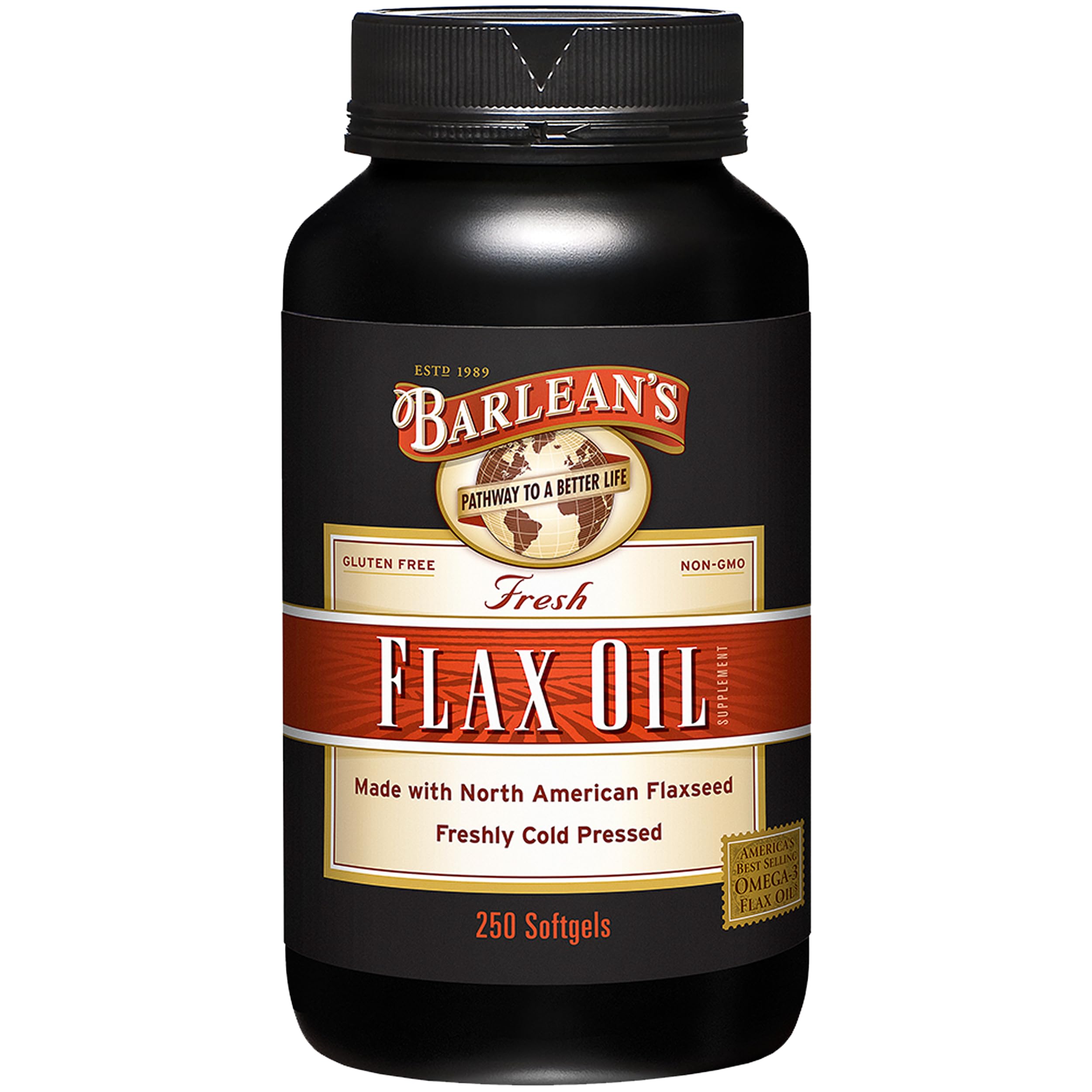 Barlean's flaxseed oil softgels bottle highlights convenient daily omega intake