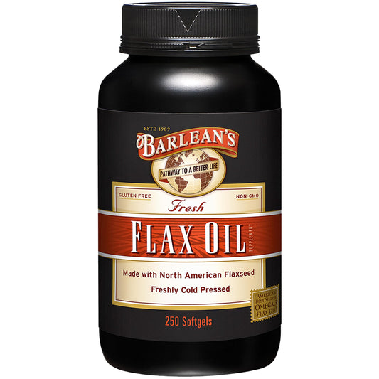 Barlean's flaxseed oil softgels bottle highlights convenient daily omega intake