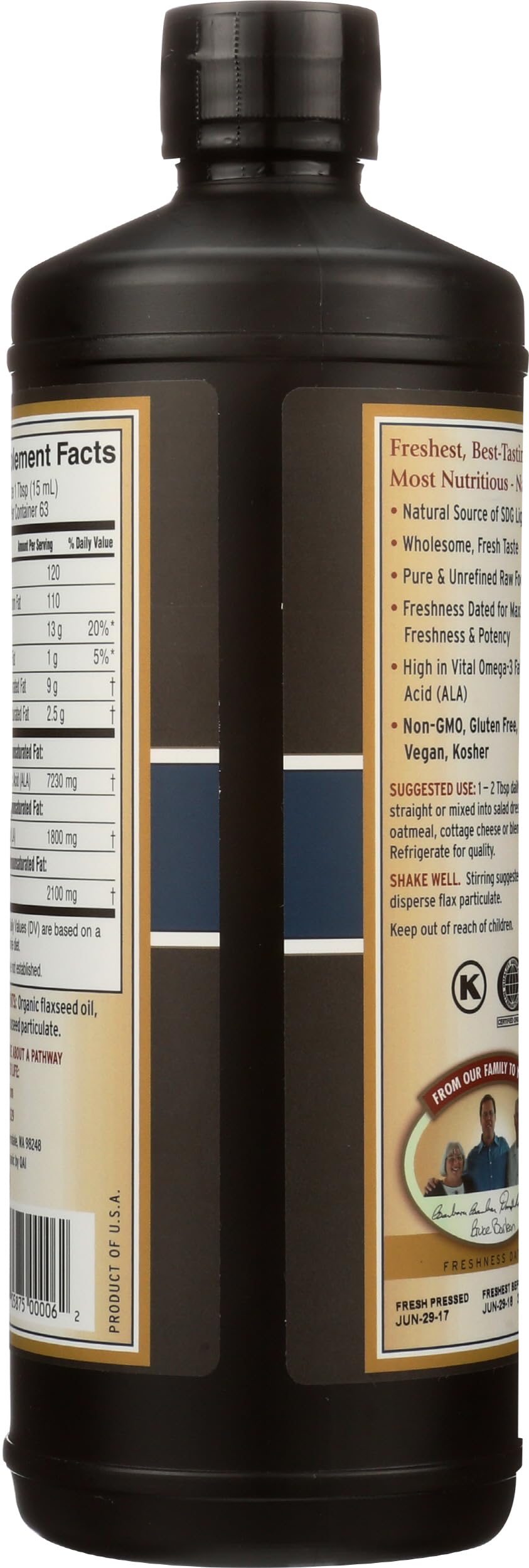 Barlean's flaxseed oil spoonful straight from the bottle for quick use.