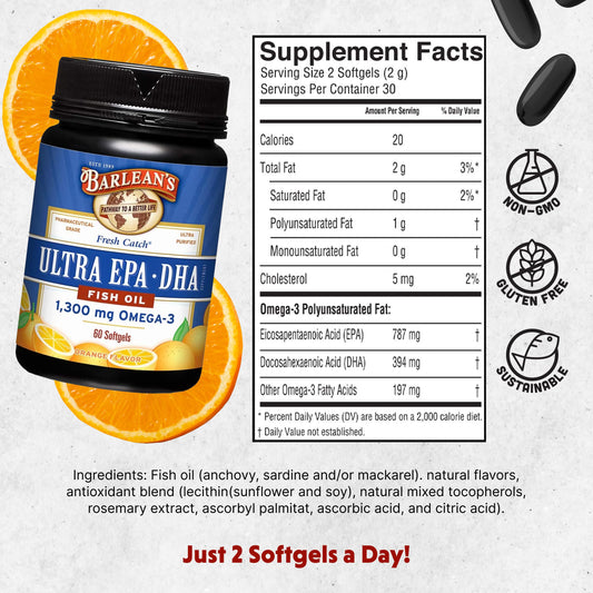 Barlean's Fresh Catch softgels closeup showing high potency EPA/DHA