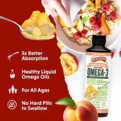 Barlean's Ginger Peach label closeup, highlighting 630 mg EPA/DHA.