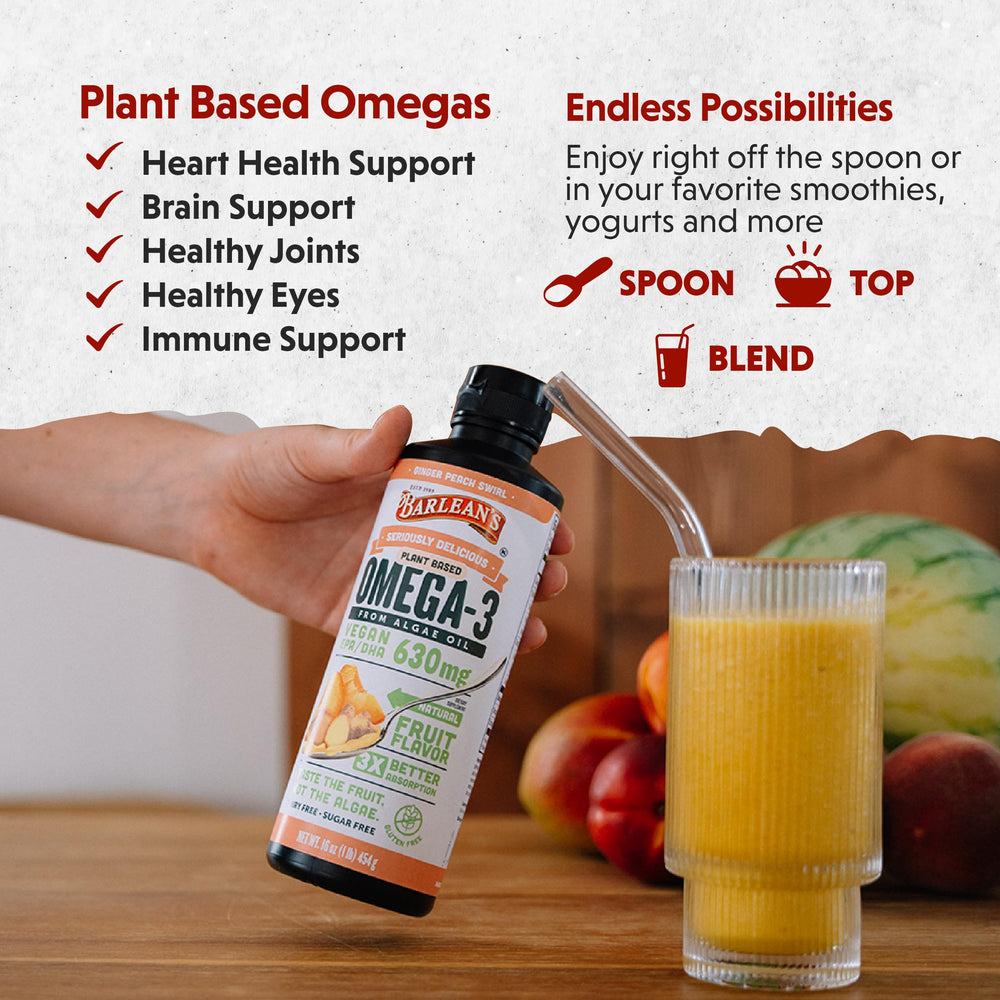 Pouring Barlean's Ginger Peach into yogurt, tasty plant-based omega-3.